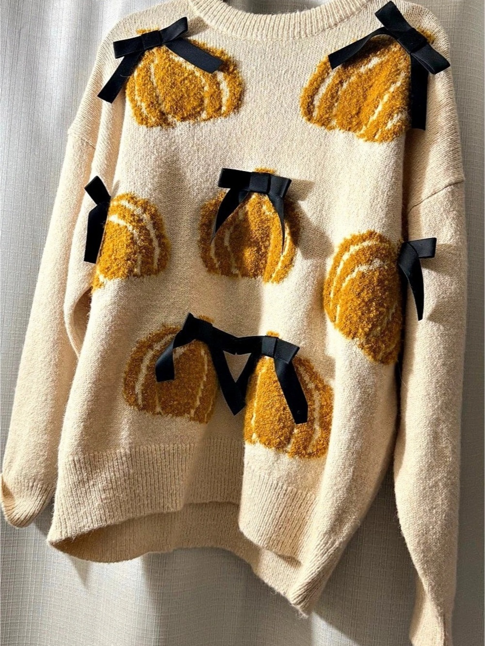 Peach Love Cream Pumpkin Bow Fall Sweater NWT